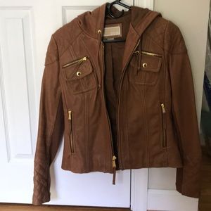 Michael Kors camel hooded leather jacket- small